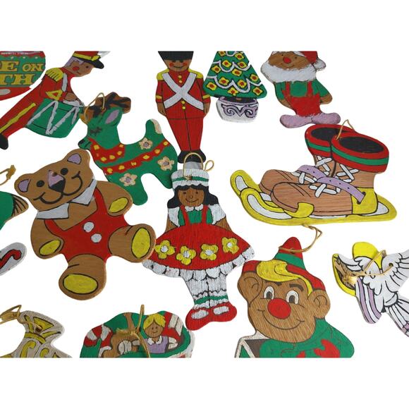Vintage Wooden Christmas Ornaments Hand Painted Double Sided Set of 28 - Picture 6 of 7